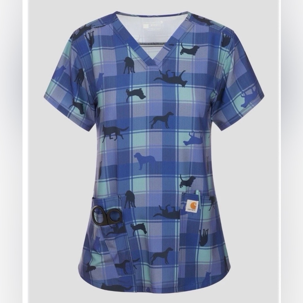 Carhartt Modern Fit V-Neck Scrub Top Womens XS with Dog Print Brand NWT!